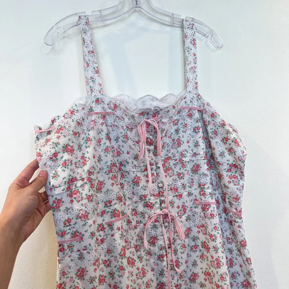 Praerie Brittany Pink Floral Lace Cottagecore Preppy Button Down Midi Dress L - Picture 5 of 10